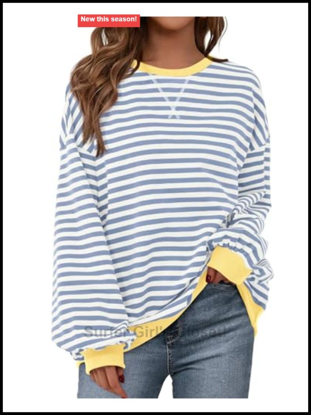 Oversized Striped Crewneck Sweatshirt Lantern Sleeve Cotton